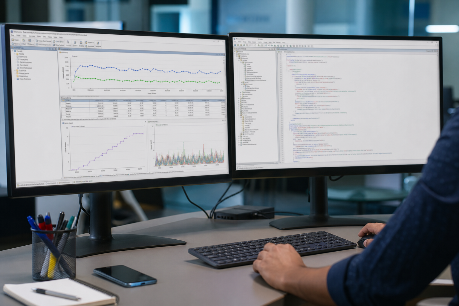 Performance engineer reviewing LoadRunner VuGen scripts and analysis graphs