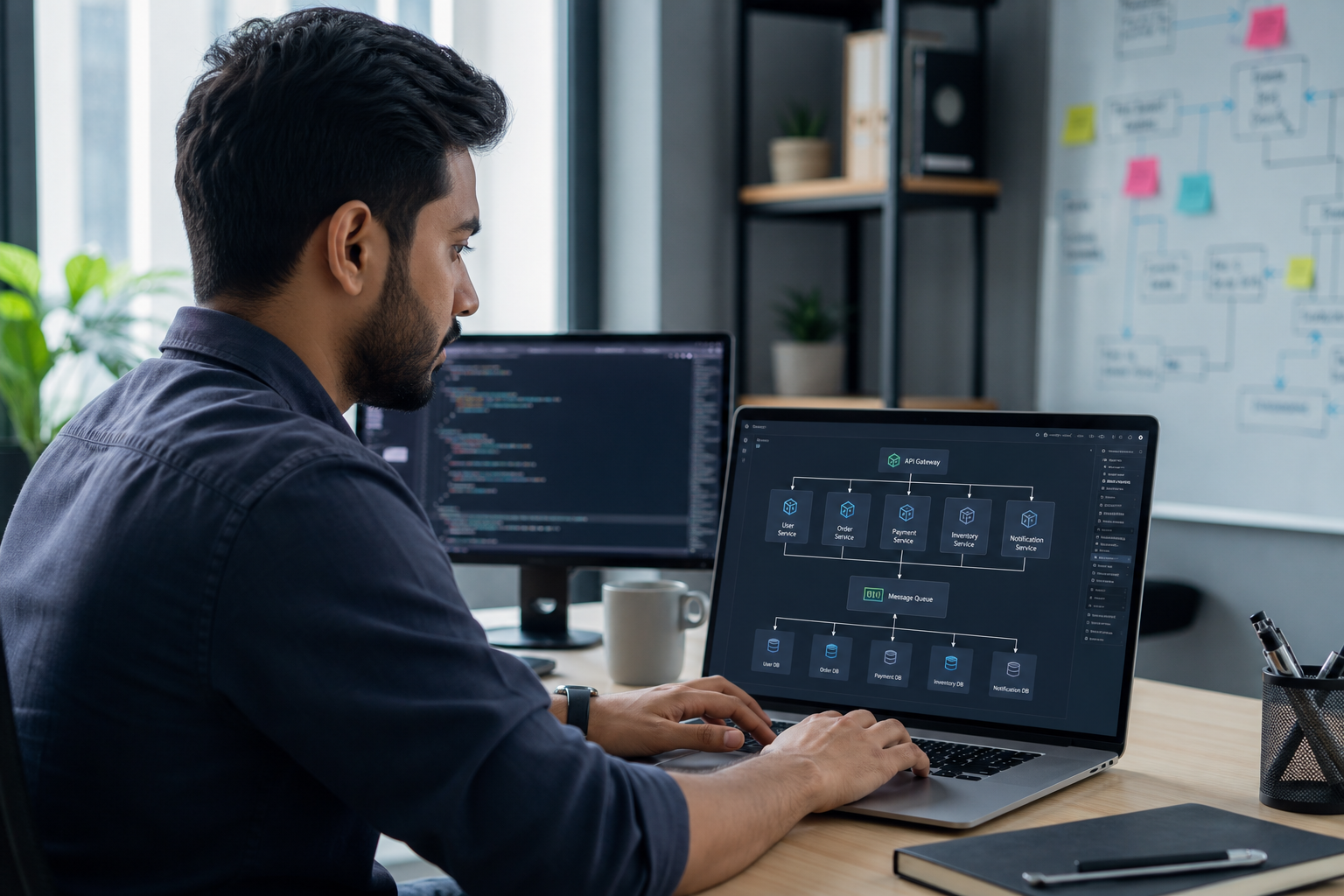 Microservices architect designing service boundaries, APIs and event flows
