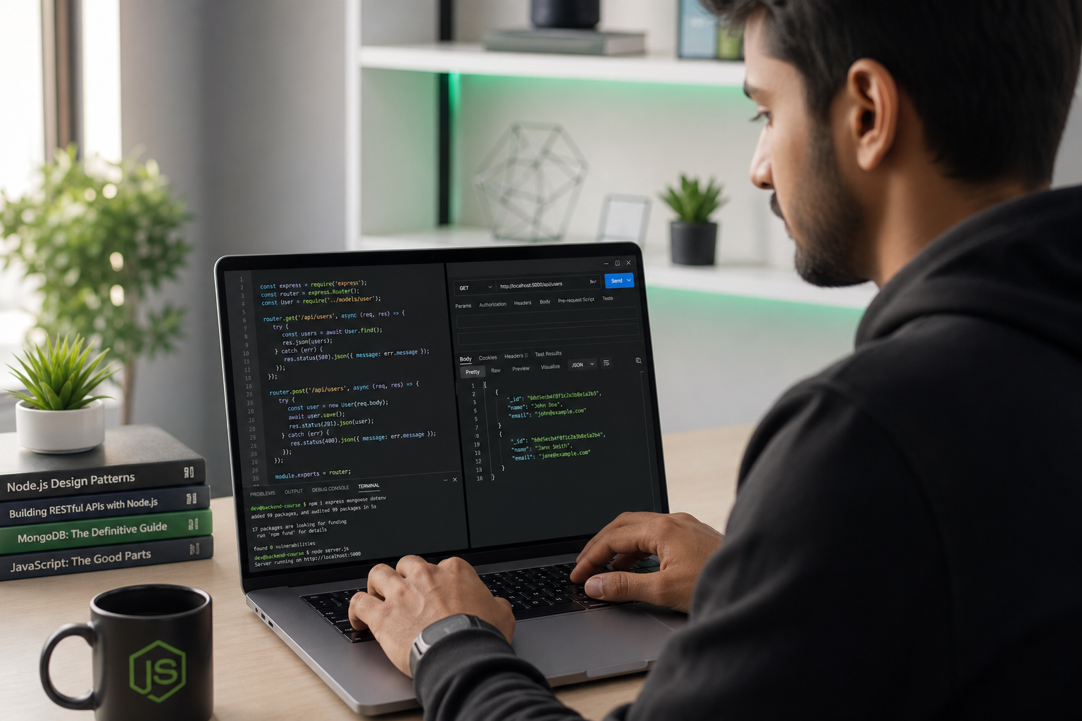 Node.js developer building Express REST APIs with MongoDB and JWT auth