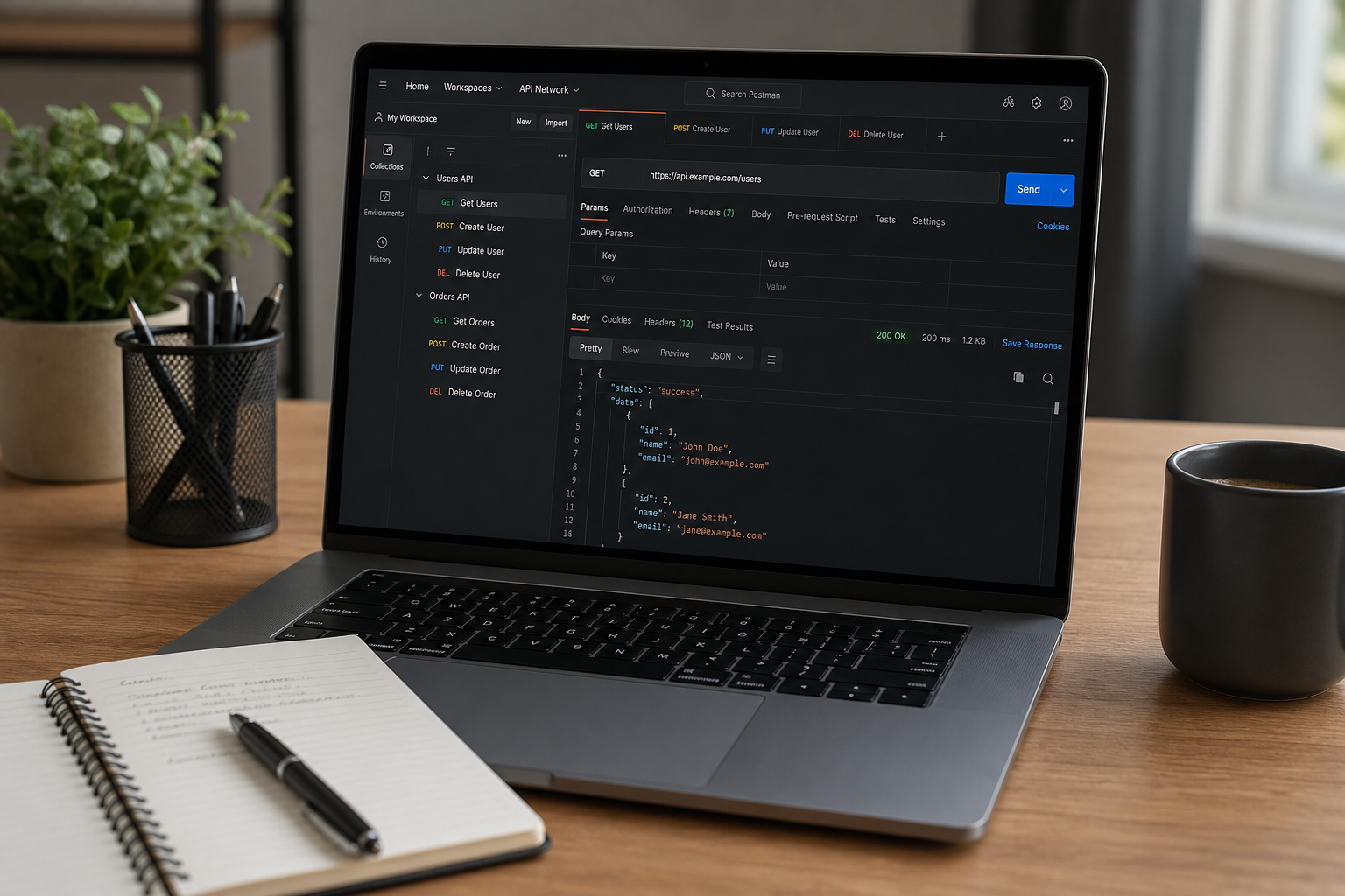 QA analyst exploring API collections and environments in a Postman-style workspace
