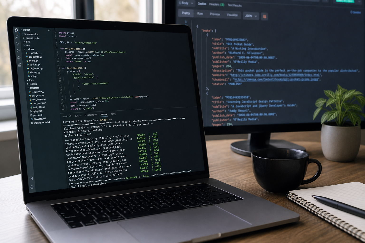 Python engineer running Pytest API automation tests with green pass results