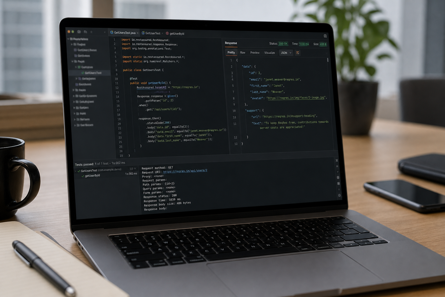 Java engineer writing Rest Assured API automation tests with JSON assertions